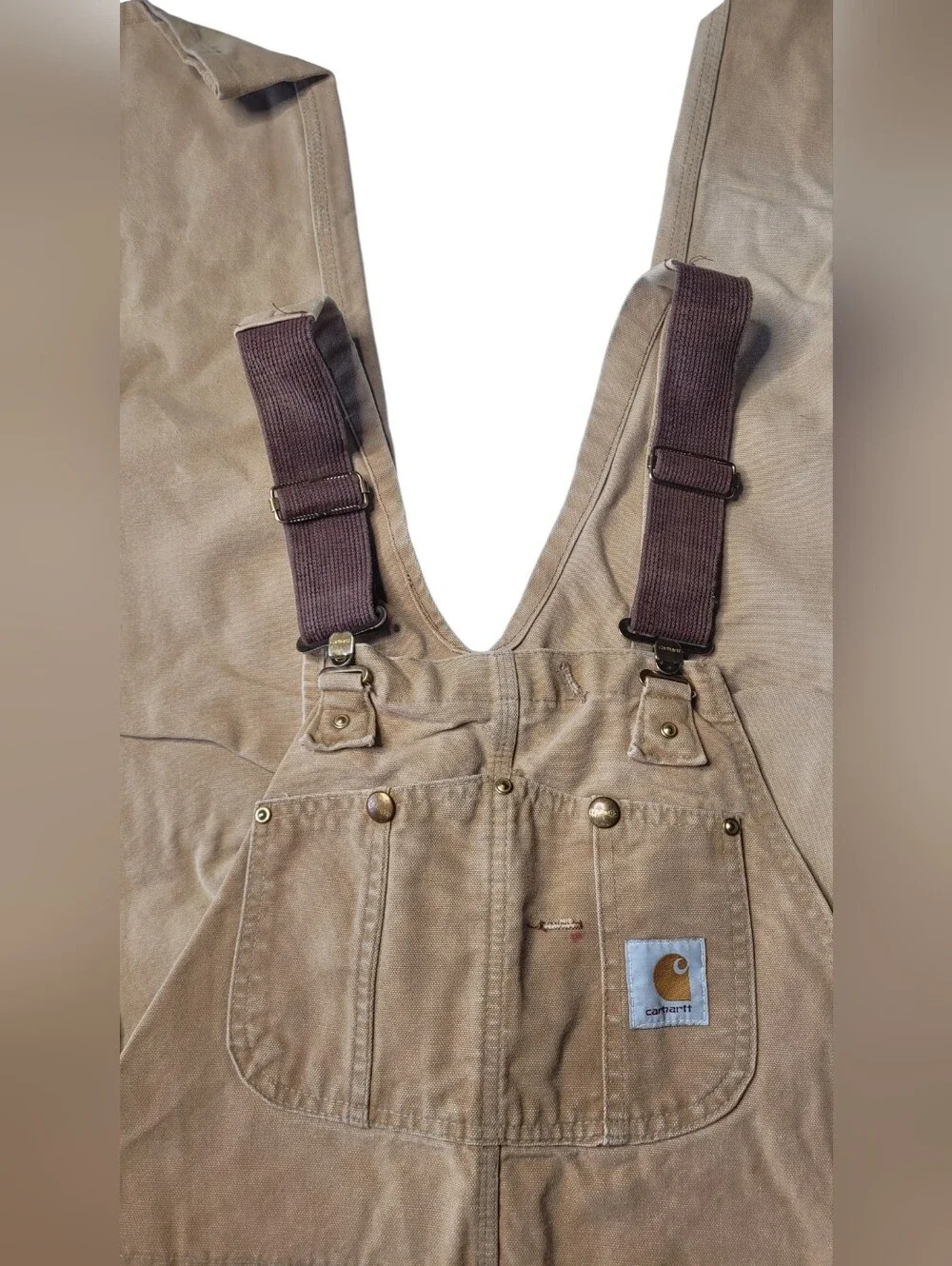Carhartt Tan Duck Canvas Bib Overalls with Dark Brown Straps 36